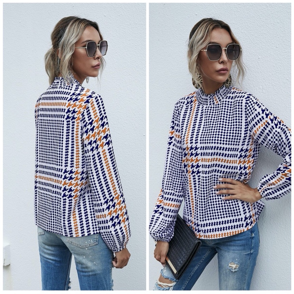 Houndstooth Print black red mock neck blouse - Picture 3 of 7